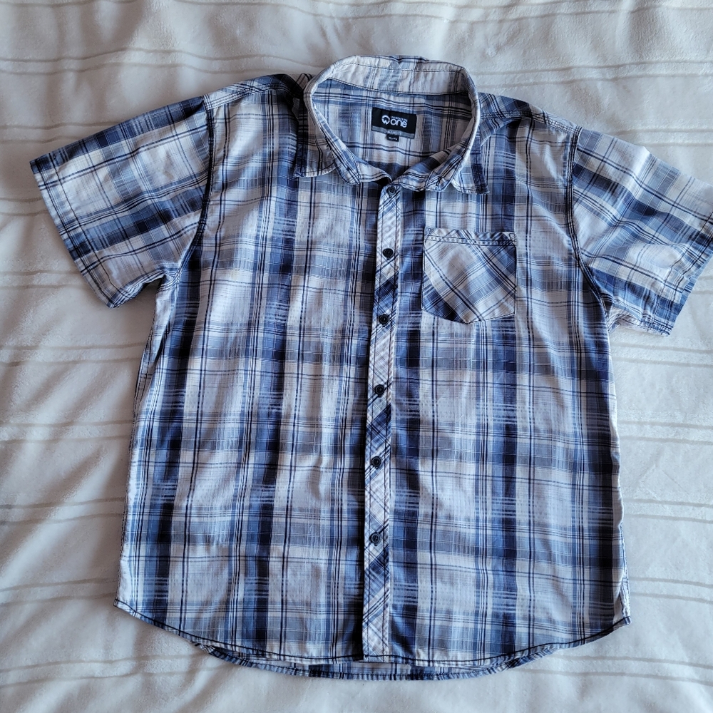 Warehouse One Mens Navy and White Plaid Button-Front Shirt